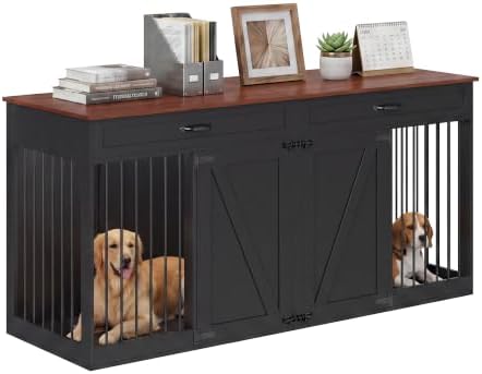 70.8" Large Dog Crate Furniture for 2 Dogs, Dog Crate with 2 Drawer, Farmhouse Dog Crate with Removable Divider Dog Kennel Furniture, Heavy Duty Dog Cage and TV Stand for Large Medium Dogs