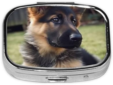 German Shepherd Puppy Pill Box 2 Compartment Medicine Pill Organizer Square Pill Case for Purse & Pocket Travel Pillbox Portable Metal Medicine Vitamin Fish Oil Organizer Unique Gift