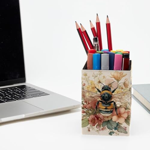 Bee Pen Holder for Desk Decor, Rectangular PVC Leather Pencil Cup for Desk Pen Organizer, Makeup Brush Holder for School, Home, Office