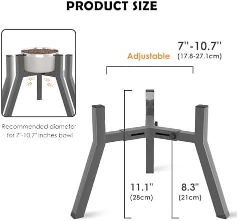 SHAINFUN Grey Elevated Dog Bowls Stand for Large Medium Breeds, 11" Height Adjustable Width 7-10.7", Single Tall Feeder Holder (Bowl Not Included)