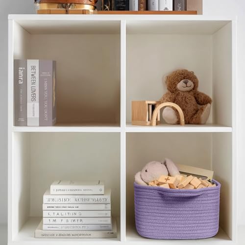 Cute Purple Gift Basket, Woven Baskets for Gifts Empty, Cotton Rope Storage Bin for Organizing, Cat Dog Toy Box, Baby Nursery Organizer, Wicker Easter Basket with Handle, Purple Room Decor