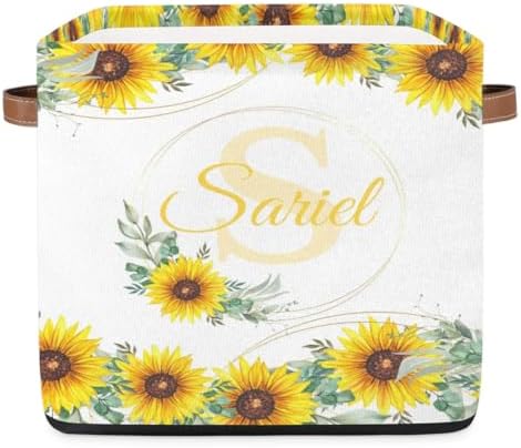 Storage Baskets for Organizing Personalized Foldable Storage Bins with Handles Custom Name Cute Basket for Boys, Girls, Pet, Clothes, Blanket, Bedroom Nursery Toy Baskets Storage Gift Sunflower