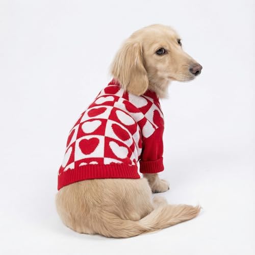 Fitwarm Checkered Heart Dog Sweater, Cozy Valentines Outfit for Small Dogs Girl, Festive Pet Clothes, Red, White, XXL