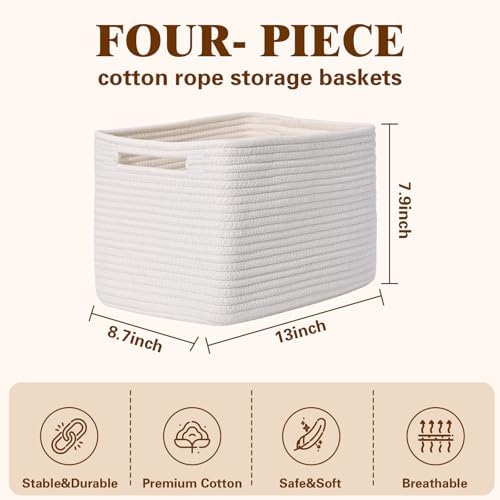 Storage Baskets for Organizing, 4 Pack Baskets for Shelves, Decorative Storage Bins for Shelves, Cotton Rope Storage Basket with Handles, Woven Basket for Storage, 13''Lx8.7''Wx7.9''H, White