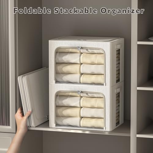 FHSQX 6 Pack Clothes Storage Bins with Metal Frame 100L Foldable Storage Bins for Clothes Linen Fabric Storage Box with Clear Window (Lvory White, 23.6x16.5x15.7inch(100L))