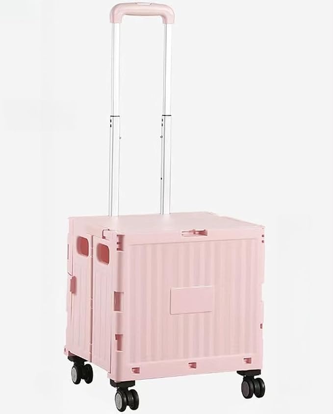 Collapsible Shopping Box Trolley on Wheels with Lid,75L Large Capacity Folding Portable Rolling Crate Handcart with Telescopic Handle for Camping (Pink,Medium Four Wheel)