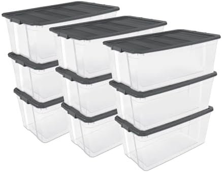 Sterilite 9-Pack Modular Stacker Box, Durable Clear Plastic Storage Bins with Latching Lids, 200 Quart - Stackable Organizing Container Boxes for Closet, Bathroom, and Office