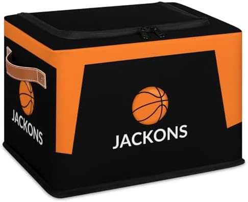 Custom Storage Basket with Zipper Lid, Basketball Sport Ball Foldable Fabric Storage Boxes Decorative Closet Shelves Clothes Organizer Container Cubes with Handle 1PCS