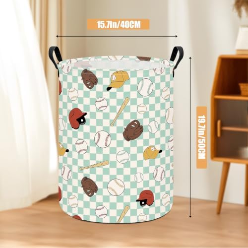 Round Laundry Basket Collapsible Storage Hamper Green Grid Baseball | Waterproof Canvas Foldable Baskets with sturdy Handles Multi-scene Organizer for Home Play Bedroom Gift Bin