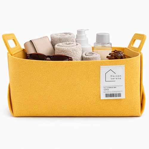 Yellow Felt Storage Basket with Handles, Foldable Fabric Bin Organizer | Collapsible Decorative Basket for Shelves, Closets, Toys & Nursery – Versatile Fabric Bin for Home, Bedroom and Playroom
