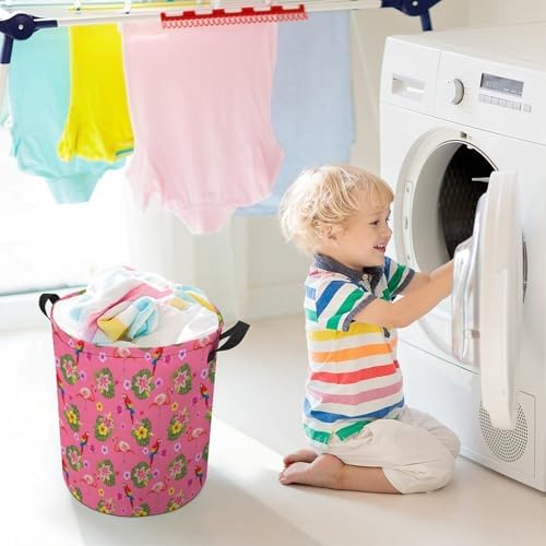 Portable Laundry Hamper with Handles Flamingos Flower Parrot Palm Pink Summer Holiday, Foldable Waterproof Clothes Basket for Bedroom, Nursery, and Bathroom Storage