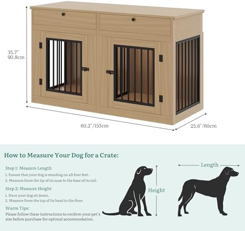 DWVO 60 Inch Double Dog Crate Furniture for 2 Dogs, Heavy Duty Wooden Dog Crate TV Stand with Removable Divider & Storage Drawers, Dogs Kennel Indoor Furniture Double Sliding Barn Door, Light Beige