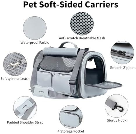 FUKUMARU Cat Carrier, Airline Approved Dog Carrier with Rollable Cover | Breathable Soft Cat Carrier, Multiple Doors & 4 Storage Pockets Cat Travel Bag, Durable Pet Carrier for Cat Under 15 lb, Grey