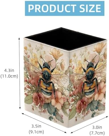 Bee Pen Holder for Desk Decor, Rectangular PVC Leather Pencil Cup for Desk Pen Organizer, Makeup Brush Holder for School, Home, Office