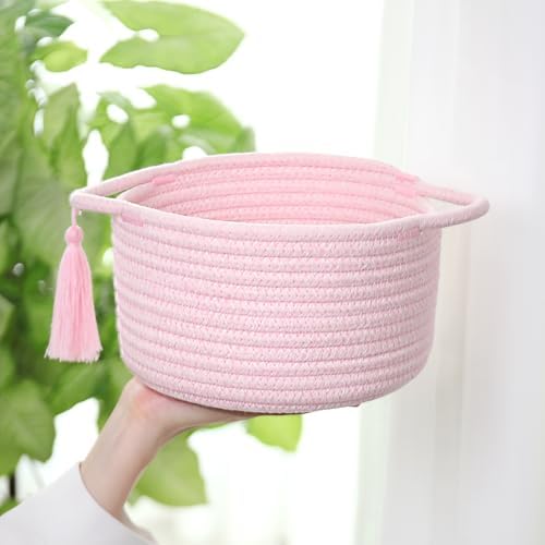 Small Gift Basket Empty to Fill, 2 Pack, Mini Woven Basket, Pink | Cute Decorative Mini Rope Storage Baskets with Cellophane Bags & Ribbons; Two Sizes for Gifting, Bathroom Counter or Desk