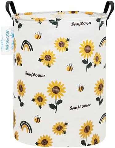 Round Laundry Basket Collapsible Storage Hamper Organizer Sunflower | Waterproof Canvas Foldable Baskets with sturdy Handles Multi-scene Organizer for Home Play Bedroom Gift Bin