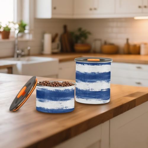 Blue Strips Coffee Canister with Lid Airtight Food Storage Containers 17oz Stainless Steel Canisters Kitchen Food Organizer for Beans, Cereal, Pasta, Flour, Sugar, Snacks