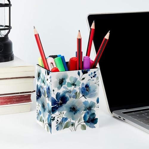 Watercolor Flowers Pen Holder for Desk Decor, Rectangular PVC Leather Pencil Cup for Desk Pen Organizer, Makeup Brush Holder for School, Home, Office