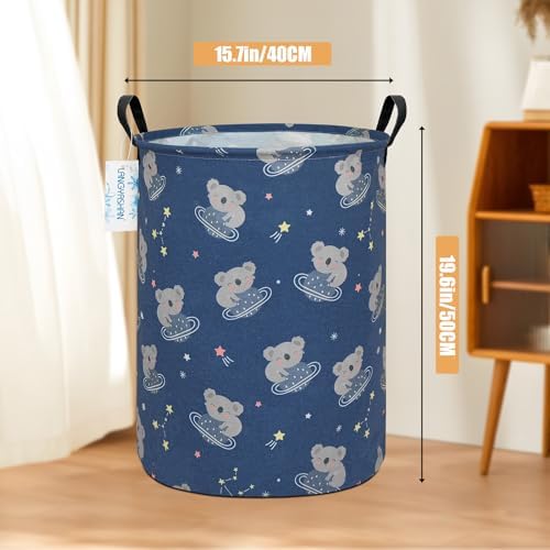 Round Laundry Basket Collapsible Storage Hamper Organizer Space Koala | Waterproof Canvas Foldable Baskets with sturdy Handles Multi-scene Organizer for Home Play Bedroom Gift Bin