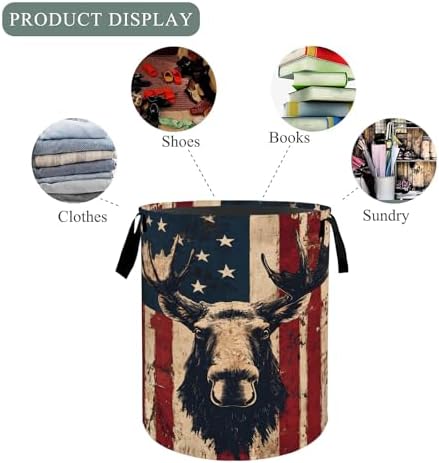 Moose Laundry Basket Hamper, Organizer Bins Gifts for Women Kids, Rustic American Flag Cabin Foldable Waterproof Clothes Hamper Handles Storage Bucket for Bedroom Bathroom Room Decor 19.7"x15.7"