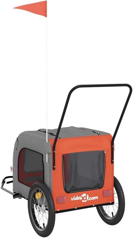 Pet Bike Trailer Orange and Gray Oxford Fabric Dog Bicycle Trailer with Iron Frame, 3-Wheel Pet Cargo Carrier for Small Dogs and Groceries, Includes Safety Flag and Reflectors
