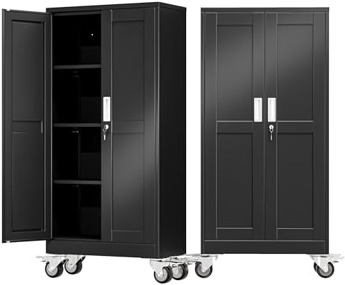 61" Metal Garage Storage Cabinet with Wheels and Locking Doors and Tall Rolling Steel Tool Cabinet with 3 Adjustable Shelves for Garage,Home,Office,Shop (Black, 61''H x 28''W x14''D)
