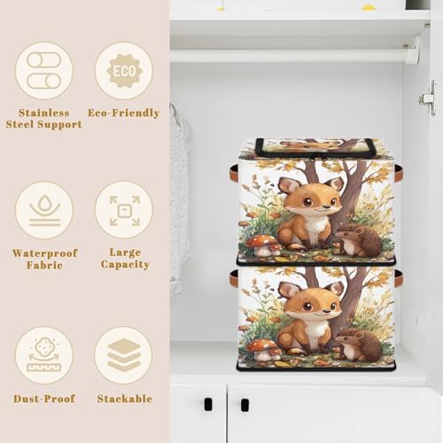 Mushroom Fox Storage Bins with Zipper Lid Foldable Fabric Organizer Box with Handles Rectangular Closet Clothes Organizer Containers