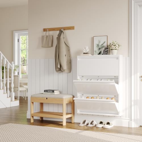 Garvee Slim Metal Shoe Cabinet with 3 Flip Drawers for Entryway, White | Narrow Shoe Storage, Wall Mounted or Floor Standing, Detachable Bottom Corners for Flexible Placement, Anti-Tip Wall Mount