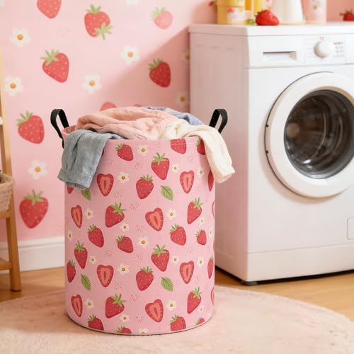Round Laundry Basket Collapsible Storage Hamper Flower Strawberry | Waterproof Canvas Foldable Baskets with sturdy Handles Multi-scene Organizer for Home Play Bedroom Gift Bin