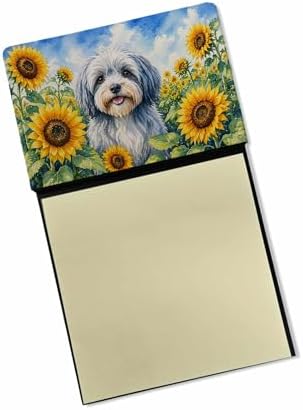 Caroline's Treasures Tibetan Terrier in Sunflowers Watercolor Sticky Note Holder Refillable Dispenser Desk Accessory 3x3 Pad Gift