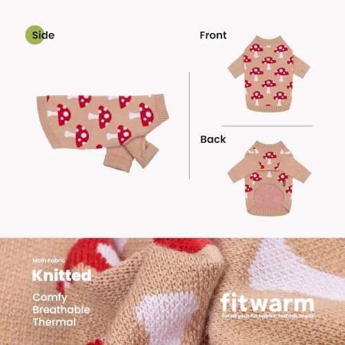 Fitwarm Mushroom Dog Knitted Sweater, Cozy Winter Clothes for Small Dogs Boy Girl, Soft Pet Outfit, Beige, Red, White, XXL