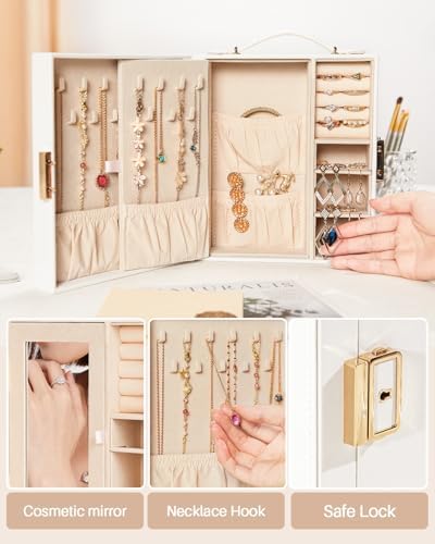 Enthralite Portable Travel Jewelry Case: Jewelry Box with Lock and Mirror | Quality PU Leather & Velvet Lined Jewelry Organizer - Large Capacity for Ring Earring Large Necklaces - Birthday Gift for Her