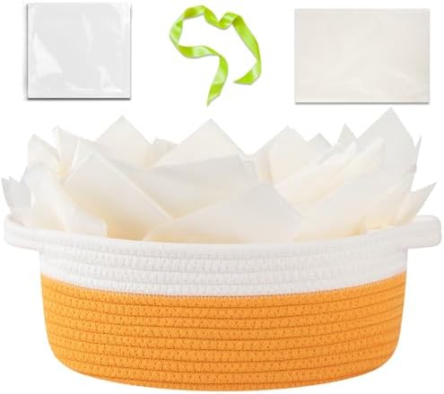 OIAHOMY Gift Basket Empty with Handle, 12"x 8"x 5" Small Woven Basket with Gift Bag, Ribbon and Wrap Tissue Paper, Dog Toy Storage for Organizing - Orange & White