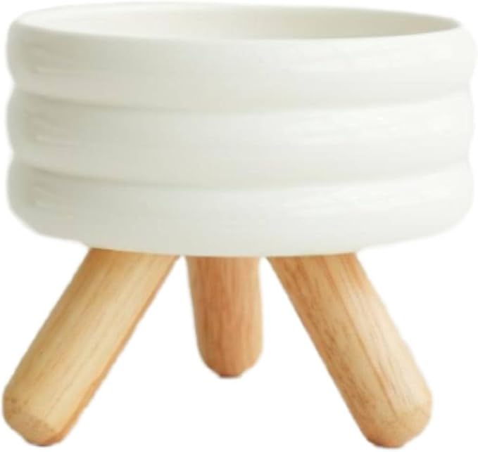 Industrial Dish Elevated Pet Feeding Stand Ceramic Bowl Wood Frame Stable Non Skid Neck Support Comfort Mealtime Organizer Suitable for Cats Dogs Home, White