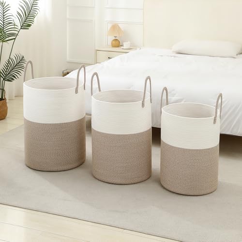 Laundry Basket Hamper Tall Rope Storage Woven for Blanket toys Dirty Clothes in Living Room Bathroom Bedroom (White&Brown, 80L/21.3Gal)