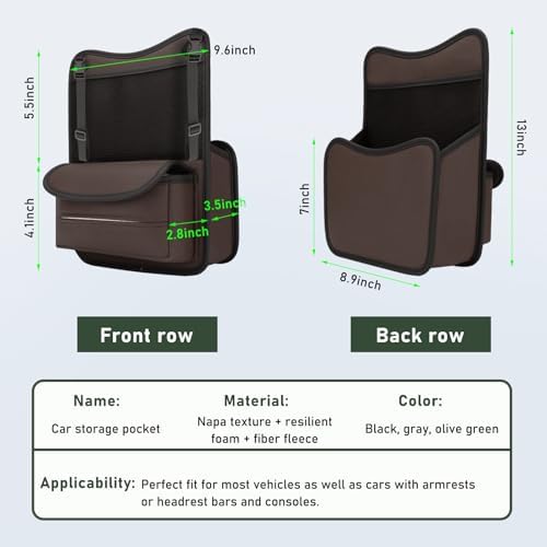 Ohleats Car Organizer Storage Between Seats, Nappa Leather Auto Handbag Holder for Document Phone Storage, Large Capacity Automotive Console Pocket Purse, Car Accessories (Brown)