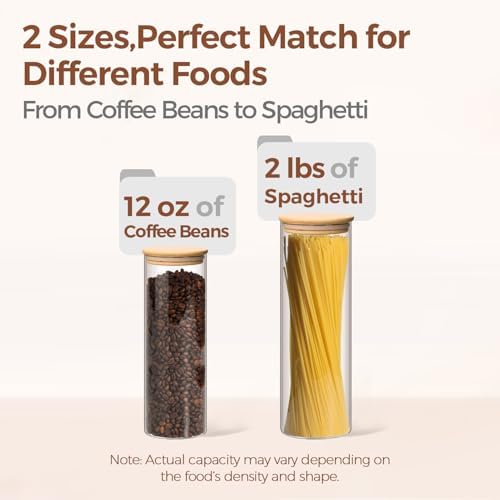 ComSaf Pasta Containers Storage 2 Qt/1.1Qt, 6 Pack Tall Glass Spaghetti Jar | Glass Storage Containers with Lids, Kitchen Canisters,Pantry Pasta Holder, Noodles, Cereal, Oats, Dry Food Storage, BPA Free