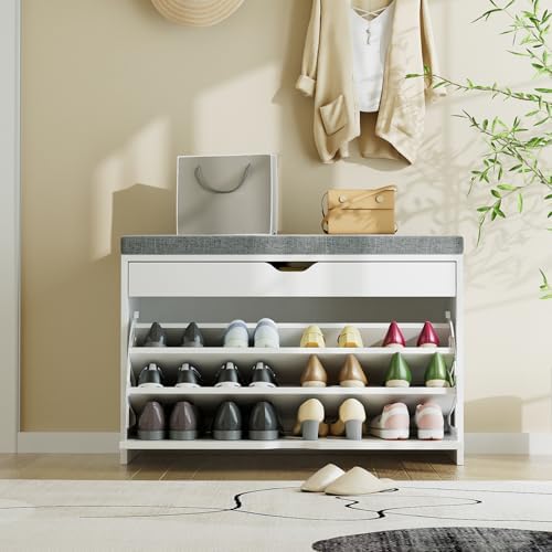 VOWNER Shoe Storage Bench with 3-Tier Flip Drawer, Shoe Rack Bench with Adjustable Shelves & Hidden Storage Space, Shoe Organizer for Entryway, Hallway, Living Room, White