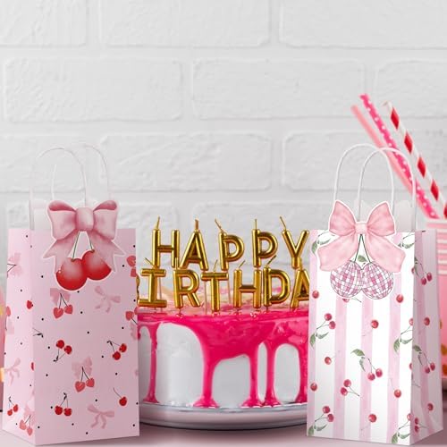 16 Pcs Pink Cherry Bow Party Favor Bags Kraft Paper Goodie Bags with Handle 3D Bow Double-sided Printing Treat Bag for Birthday Baby Shower Wedding Bridal Shower Summer Fruit Themed Party