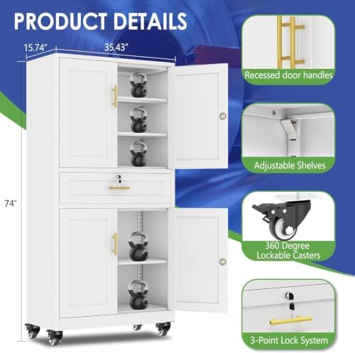 74" Metal Garage Storage Cabinet with Wheels and Locking Doors