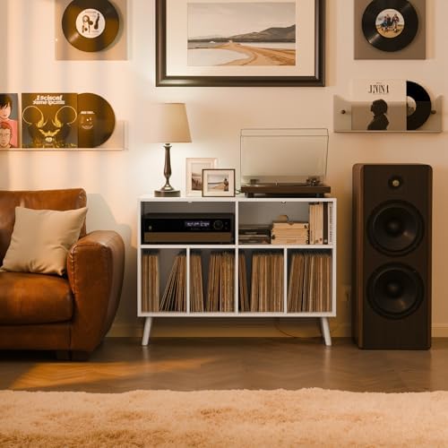 Cozy Castle Record Player Stand with Vinyl Storage Cabinet, Wood Turntable Table Open Shelf Holder Up to 350 Albums Cube Storage Organizer for Living Room, Office, White