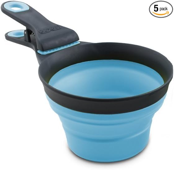 Dexas Popware for Pets Collapsible Klip Scoop, 3 in 1 Design Convenient Measuring Cup, Food Scooper and Bag Clip, 1Cup Capacity Pet Food Scoop, Versatile Food Measuring Cups Portion Control Gray/Blue