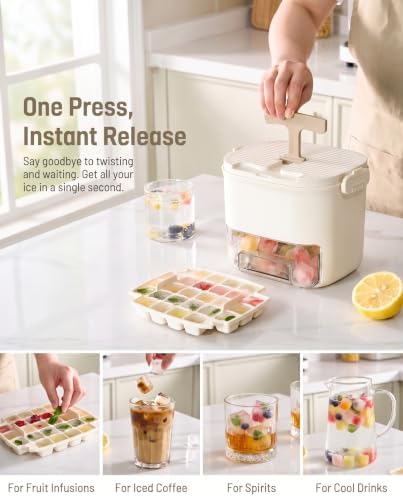 Ice Cube Tray with Storage Bin, One-Press 52-Grid, Beige | Food-grade PET, odor-free sealed lid, drawer access, portable handle, ice scoop, space saving mold for whiskey & cocktails