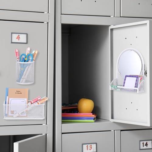 Weysat Set of 5 Magnetic Locker Accessories Mirror with 2 Magnetic Pen Holder and 2 Wire Mesh Storage Basket for Students Back to School Locker Organizer for School Office(White)