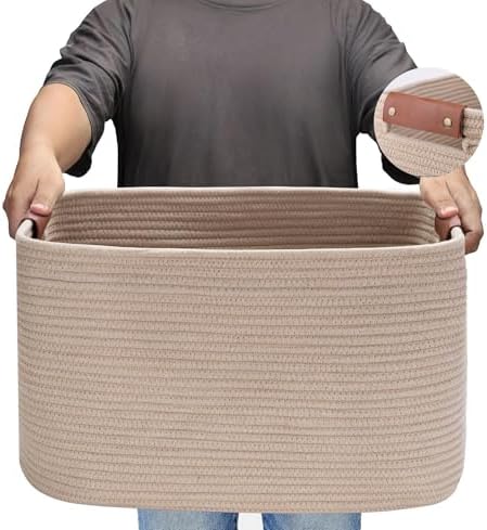 Large Cotton Rope Storage Basket with Leather Handles, Laundry Hamper Basket, 20 "L x 14" W x 12 "H, Durable & Stylish Organizer for Home.(Large Khaki)