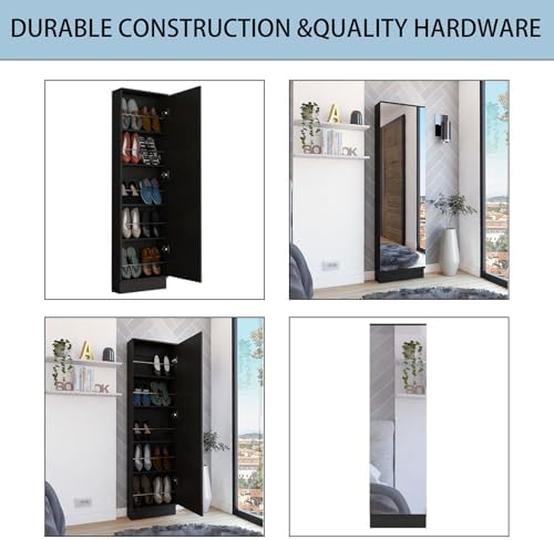 Shoe Cabinet with Mirror Modern Black Mirrored Shoe Storage Cabinet 67" Tall 5-Tier Shelves Narrow Shoe Storage Cabinet for Entryway Space Saving Furniture (Floor-Standing, Black)