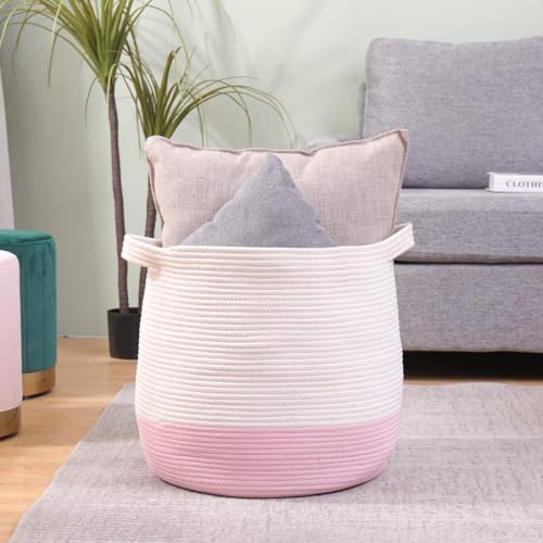 Large Cotton Rope Basket, Woven Storage Basket for Toy, Laundry and Blanket Organizer, Round Hamper Basket with Handles for Kid's Room 17.7"x16.9"
