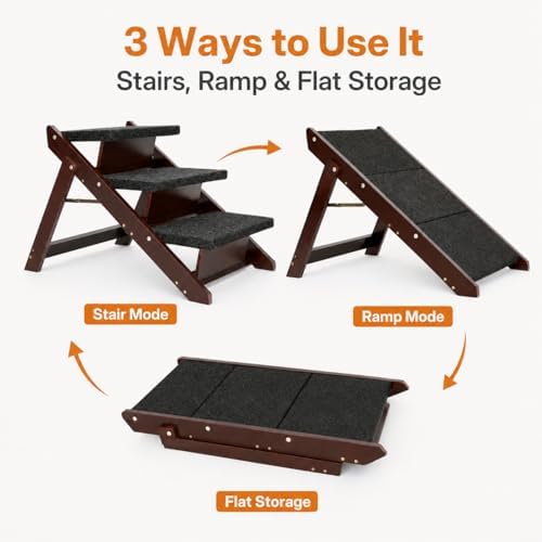 Dog Stairs for Bed, Foldable Pet Steps for Small Dogs, Cats & Senior Pets, 3 Steps Wooden Steps for Couch, Dog Stairs for Car, 110 lb, Brown
