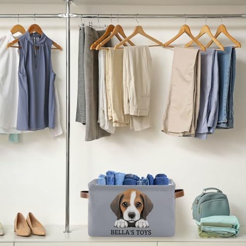 Personalized Dog Storage Basket with Handles, Beagle Puppy Customized Pet's Name Collapsible Storage Boxes Organizer Bag for Coats, Blankets, Clothes, 1PC