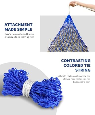 Harrison Howard Slow Feed Hay Net for Horses, 40 Inch Hay Bag Holds 1–2 Flakes, 2 Inch Mesh Durable Hanging Feeder for Stable, Pasture & Livestock-Blue